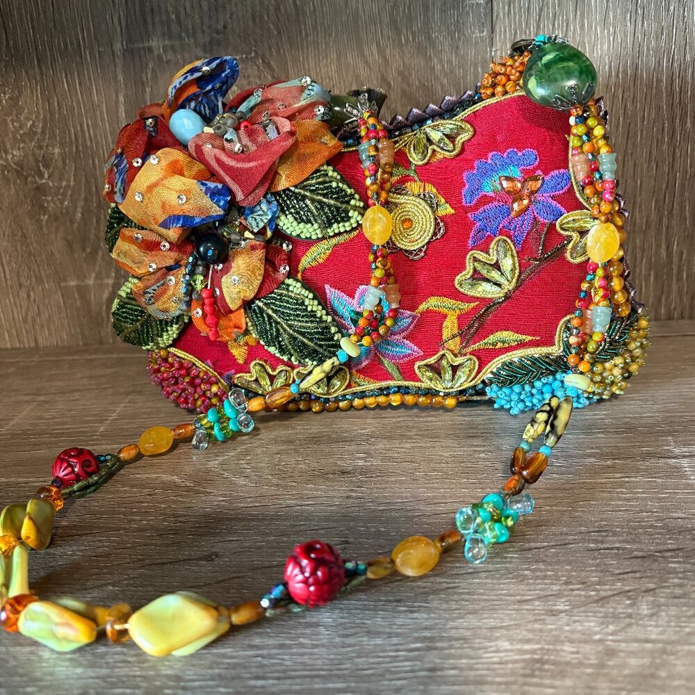MARY FRANCIS Red Silk, Beads, Stones, Embroidery Gorgeous Bag NWOT